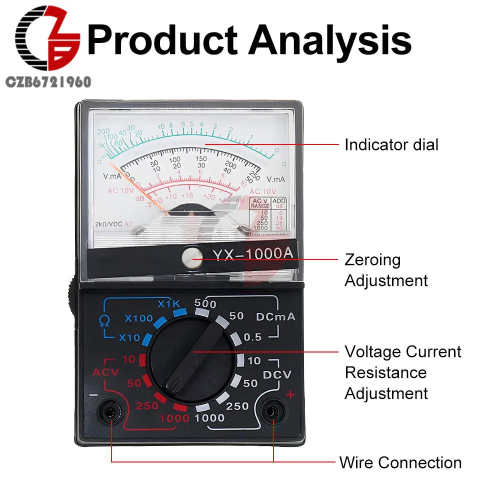 Multimetro puntatore YX-1000A AC/DC 2500V Volt-amperometro analogico Multimetro resistore Tester con cappotto elettricista strumento studente impara