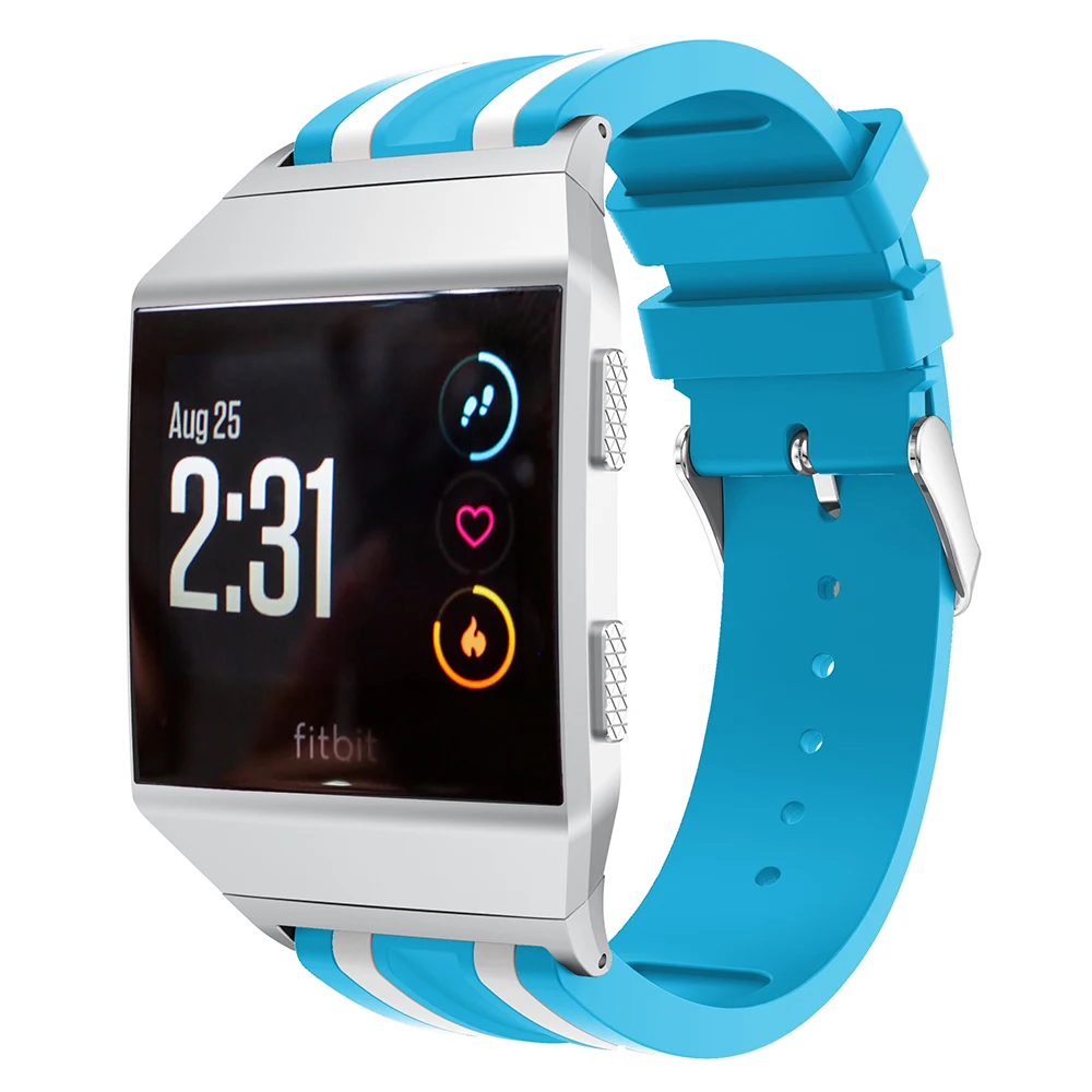 

22mm Five Vertical Stripe Soft Silicone Watch Replacement Band + Connector for Fitbit Ionic - Blue / White