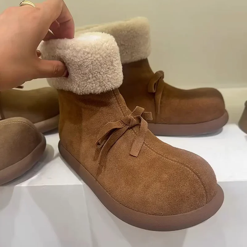 

Меховые зимние женские ботинки с бантом на плоской подошве Замшевая дизайнерская обувь 2025 Повседневная зимняя спортивная хлопковая обувь Новый бренд Уютный теплый Mujer De Botas