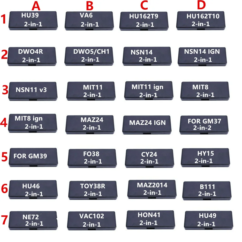 

LISHI 2 в 1, FO38, CY24, HY15, HU46, TOY38R, MAZ2014, B111, NE72, VAC102, HON41, сдво4r, 5/CH1, NSN14, NSN11, MIT11, MIT8, MAZ24, для GM37GM39