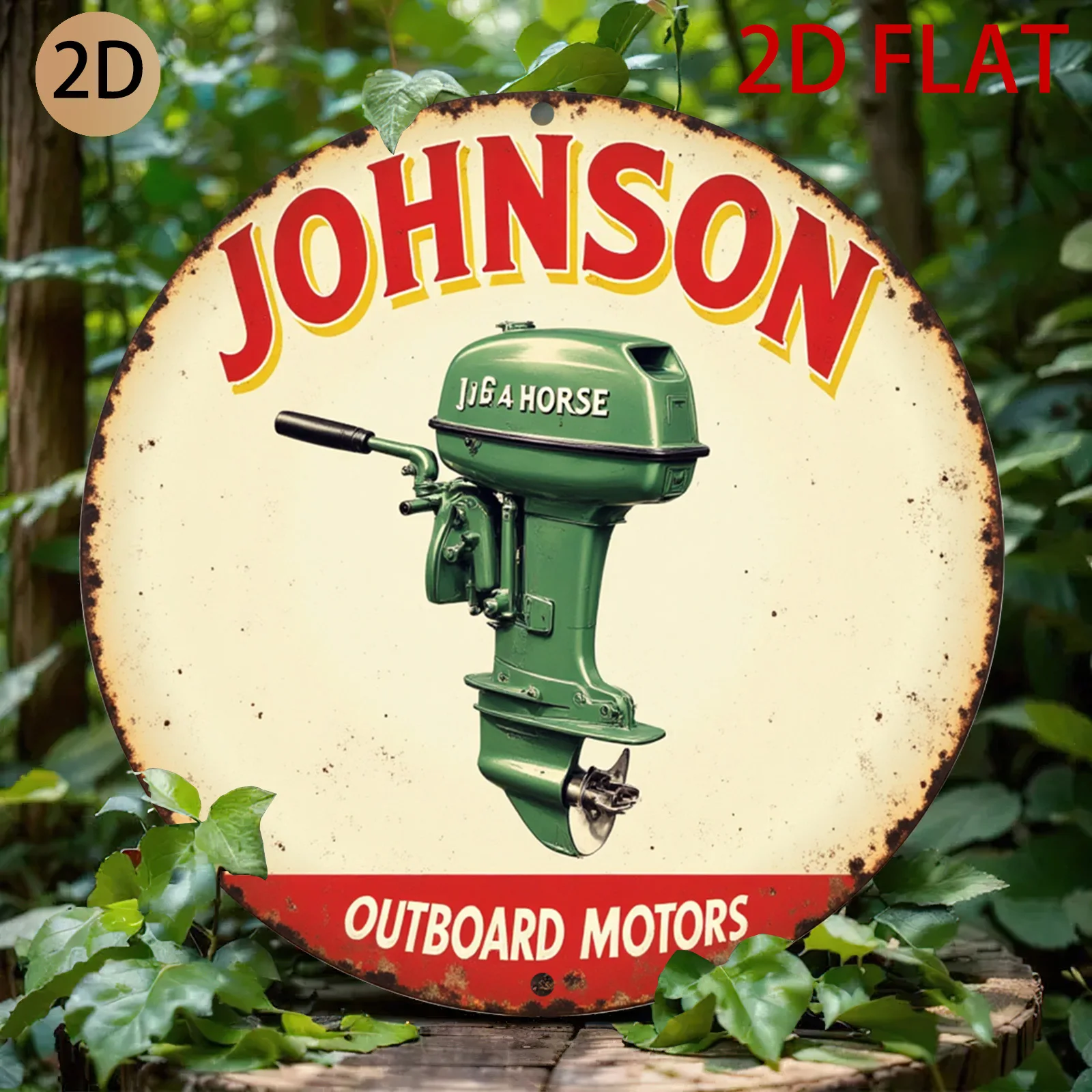 2D Plane Circular Tin Metal Johnson Outboard Motor Logo  Wall Art Boating Themed Decoration for Home Garage or Cafe, 2D Flat