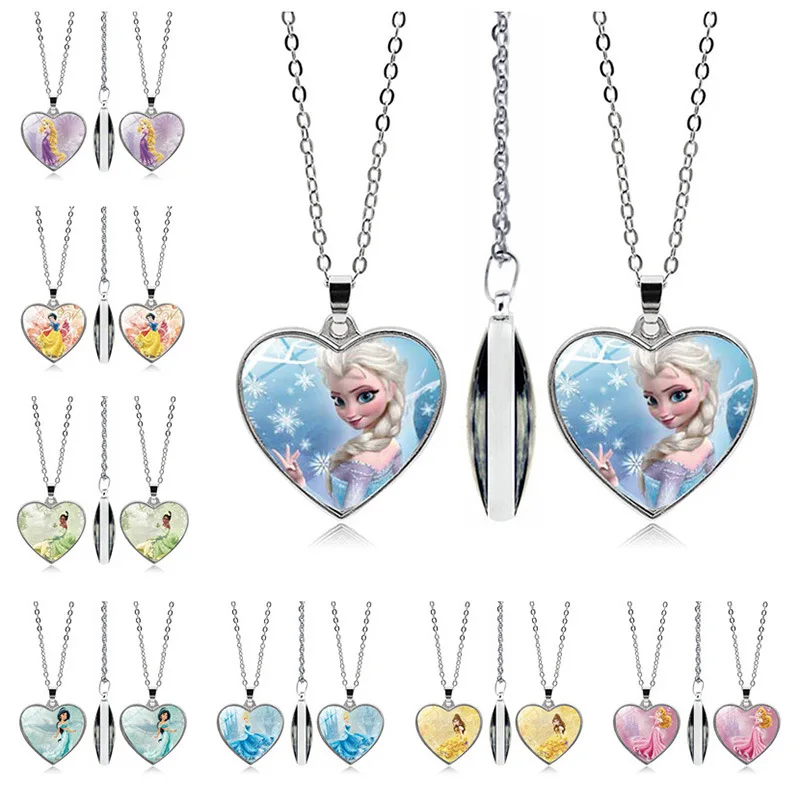 Disney Frozen Anna Elsa Princess Cartoon Love Necklace Fashion Jewelry Gilrs Anime Figures Snow White Ariel Princess Accessories