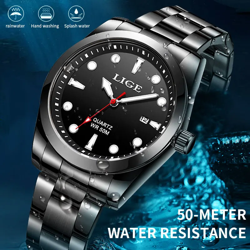 LIGE Mens Watches 5ATM Sports Waterproof Quartz Wristwatch Luminous Date Clock Watch for Men Relogio Masculino+Box