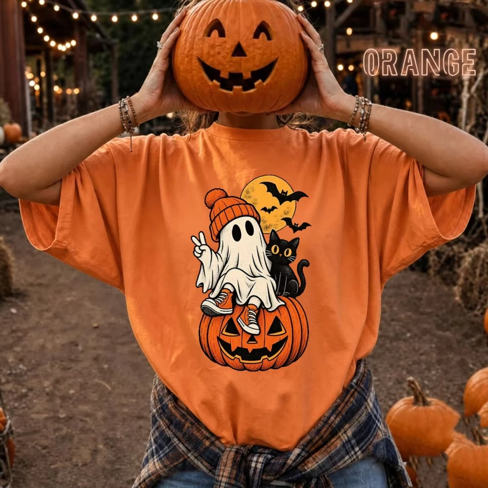 Cute Halloween Ghost Pumpkin Graphic T Shirt Black Cat Spooky Season Short Sleeve Loose Fit Family Matching Men Women Tops