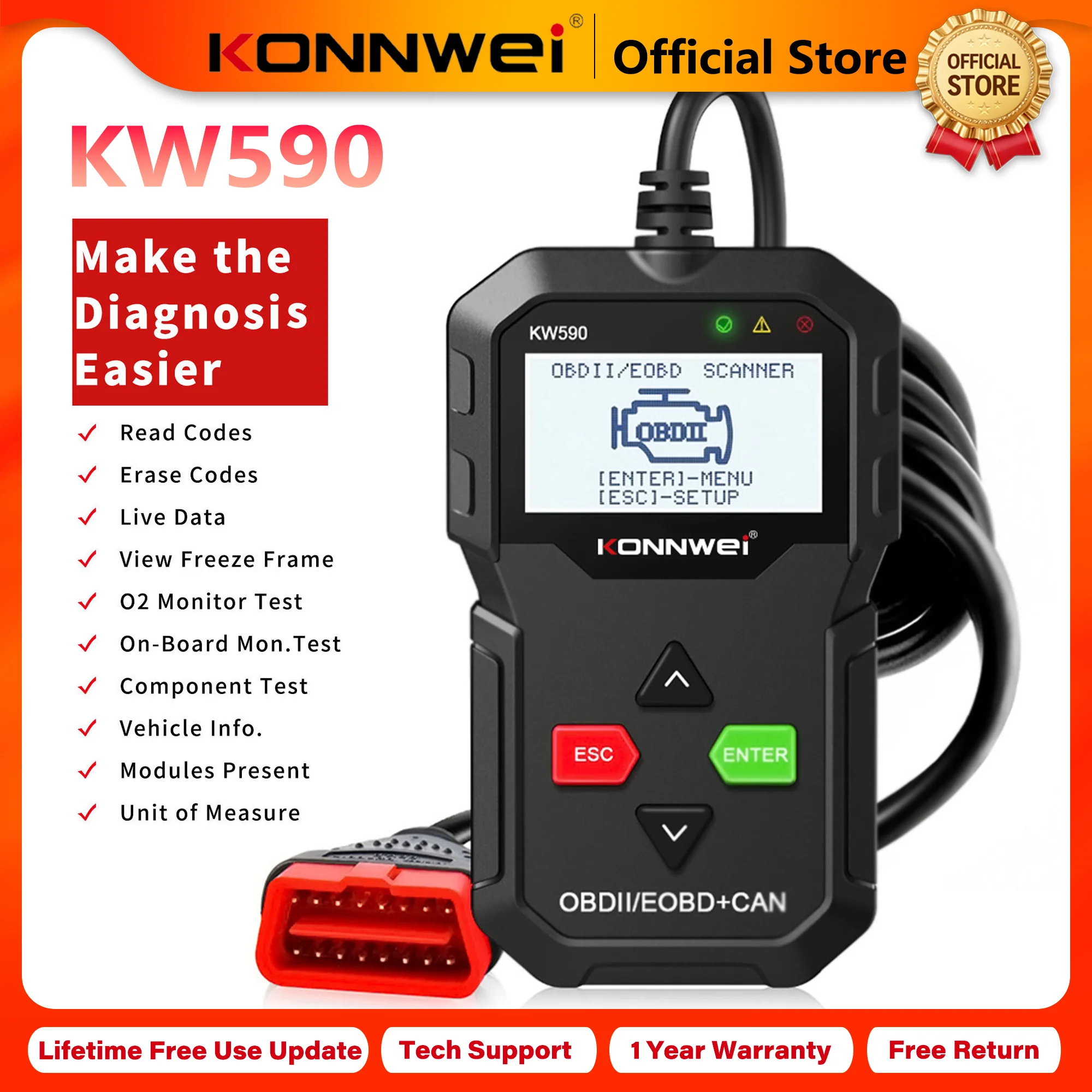 Диагностический сканер KONNWEI KW590 OBD2 2026 года: считывание и удаление кодов неисправностей, поиск кодов DTC, тестирование кислородных датчиков, отображение данных в реальном времени