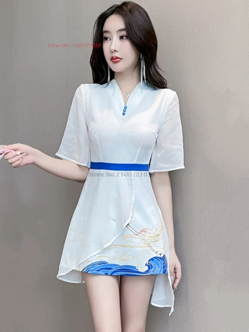 

Китайское сексуальное платье для ночного клуба 2025, улучшенное платье Ципао с национальным цветочным принтом Cheongsam + шорты, комплект, униформа красоты для спа-салона в отеле