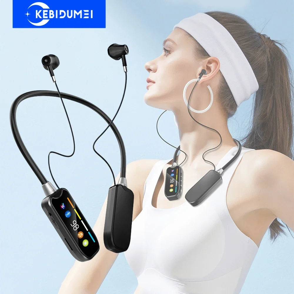 Neckband Earphones HD Screen Bluetooth 5.4 Headphones TWS Wireless Headsets HiFi Stereo Waterproof Earbuds Support TF Card