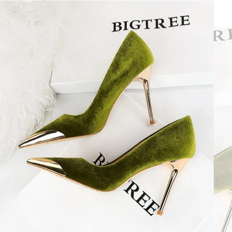 

10cm High Quality Women's Pumps and Heels Fashion Banquet Pointed Suede High Heels Metal Head Luxury Designer Shoes for Women