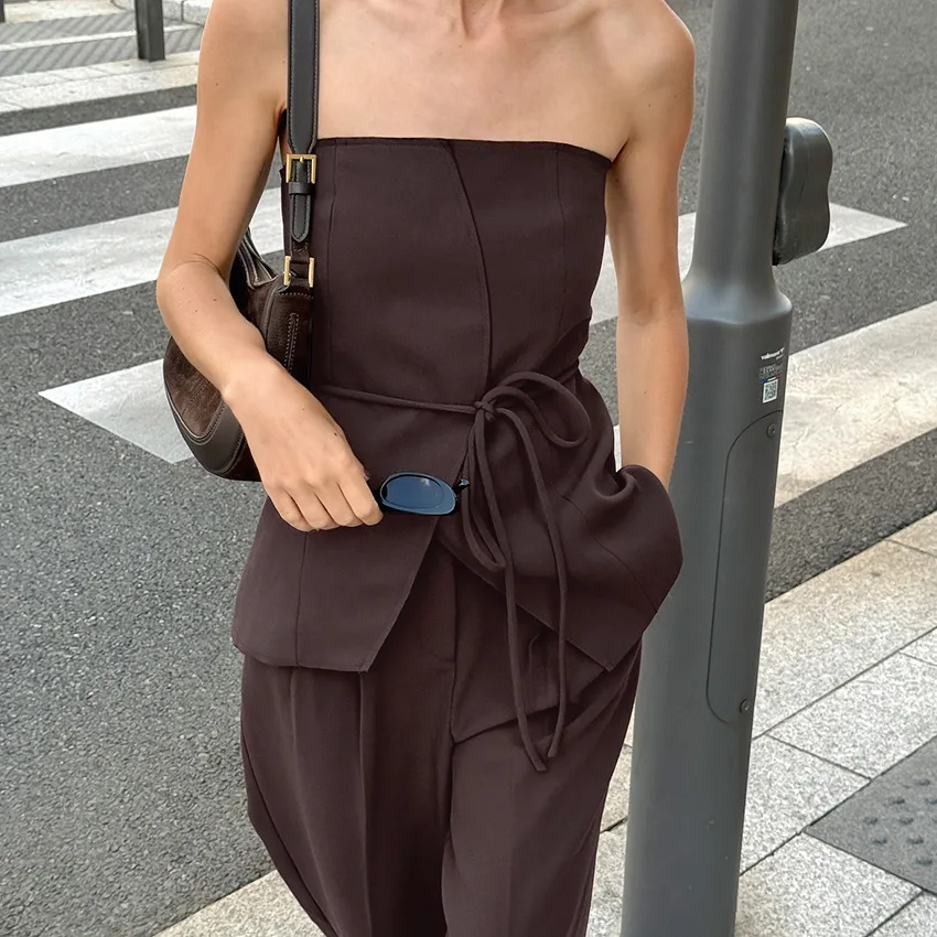 Vrouwen Broek Pak Sexy Backless Band Mouwloos Kanten Top Losse Brede Benen Broek Pak Dames 2025, Zomer Mode Vrouwen Set