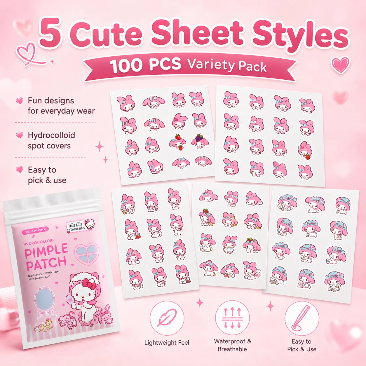 100PCS hello kitty Acne patches, facial acne patches, hydrogel acne removal patches, concealer