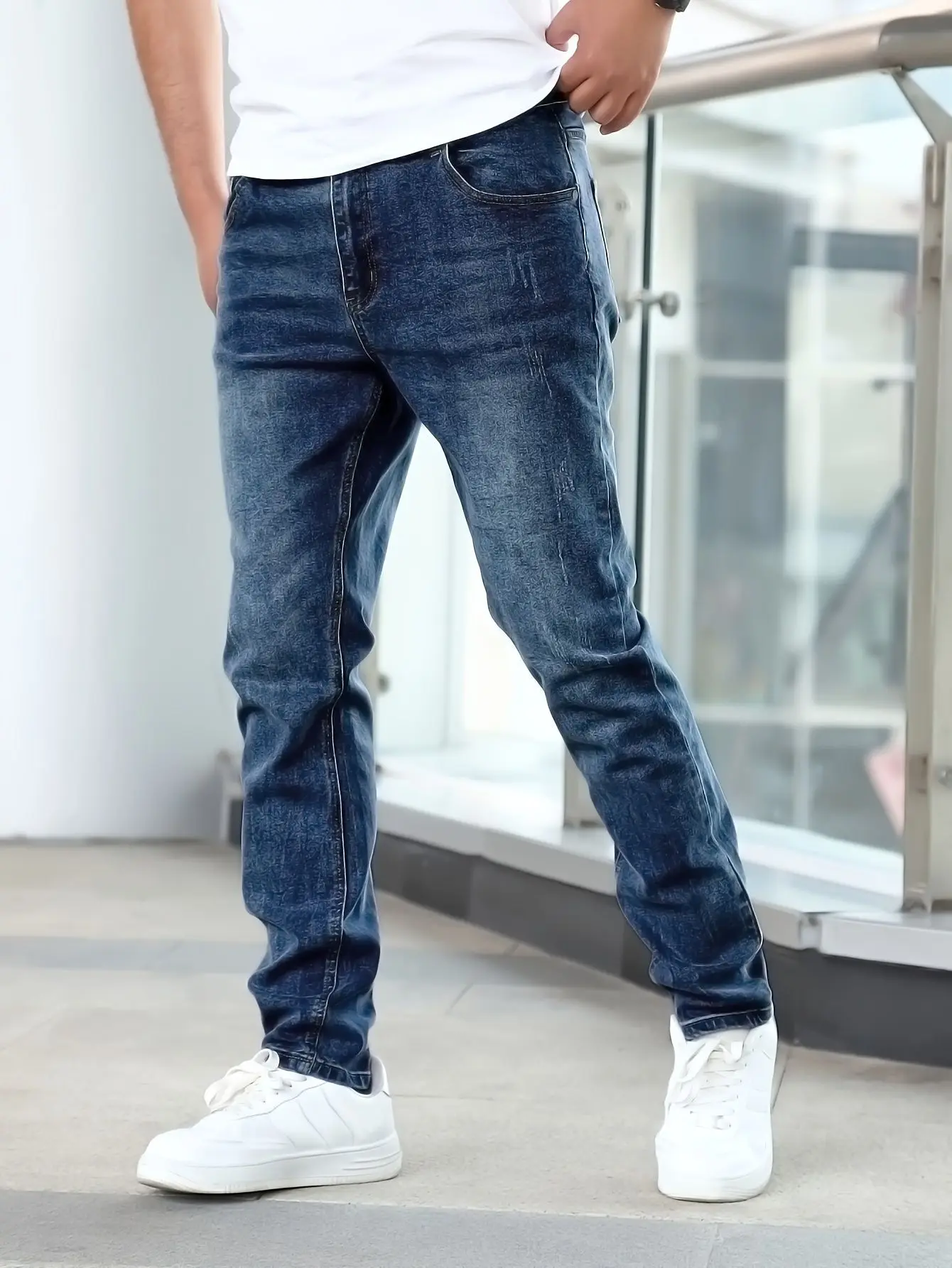 Men's Four-Season Snowflake Washed Fashion Jeans, Stretch Slim Fit Light Gray Dark Black Casual Denim Pants, Normcore and Fashio