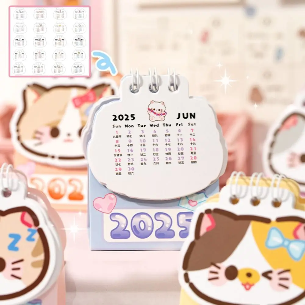 Cute 2025 Mini Desk Calendar Coil Planner Cartoon Cat Desktop Calendar Daily Organization To Do List 2025 Coil Calendar School