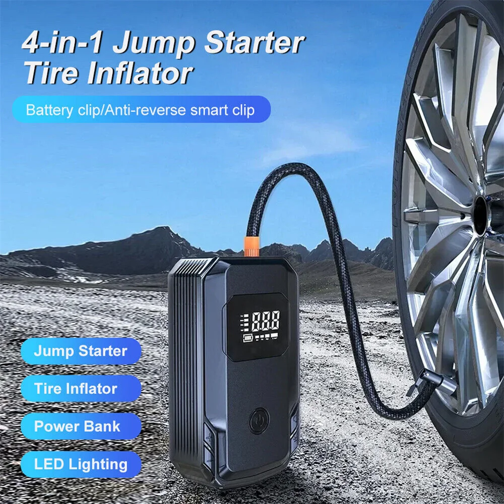 4 in 1 Car Jump Starter Air Compressor Portable Booster Charger Powerful Battery Starting Device with Flashlight Tire Inflator