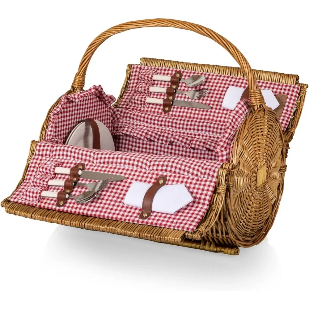 

Stylish Barrel Wicker Picnic Basket for 2 - Wine Picnic Set with Red & White Gingham Pattern (18.5" x 17" x 12")