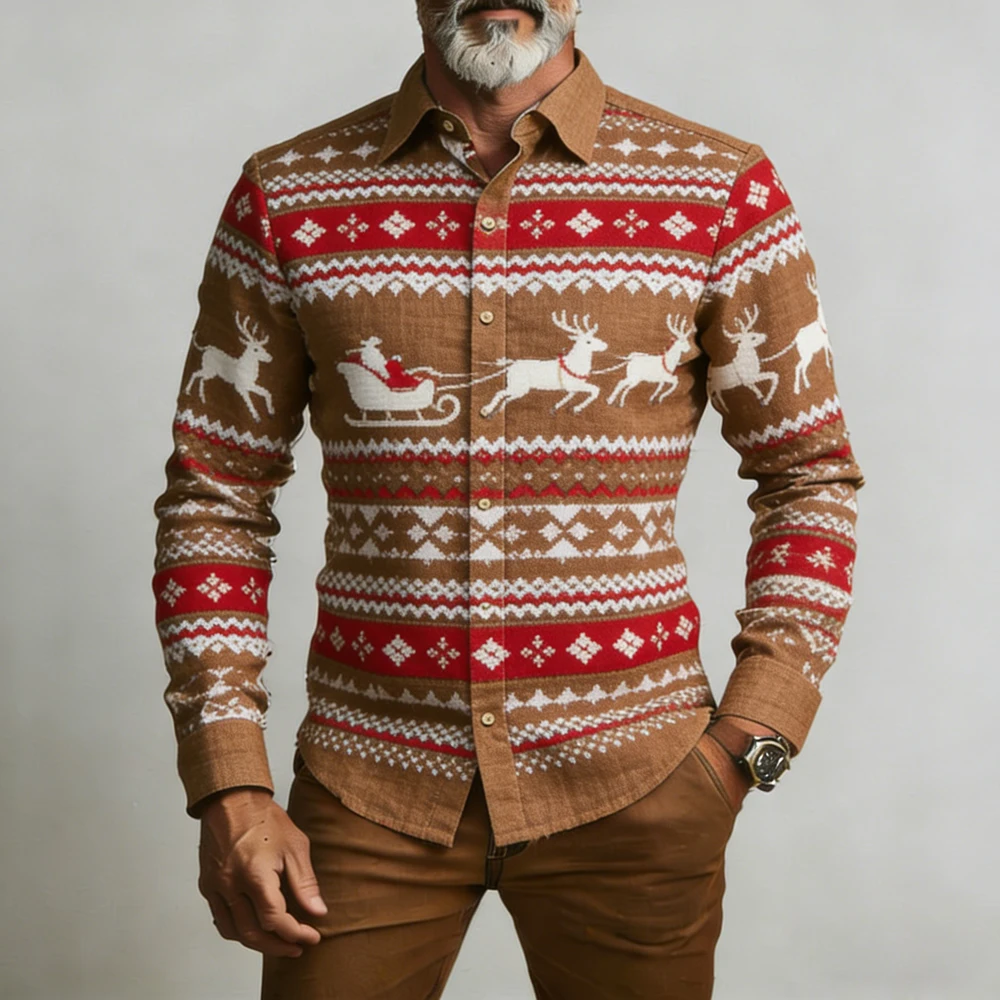 

Men's New Linen Christmas Reindeer Pattern 3D Printed Shirt Hawaiian Vacation Casual Long-sleeved Lapel Shirt Mens Party Clothes