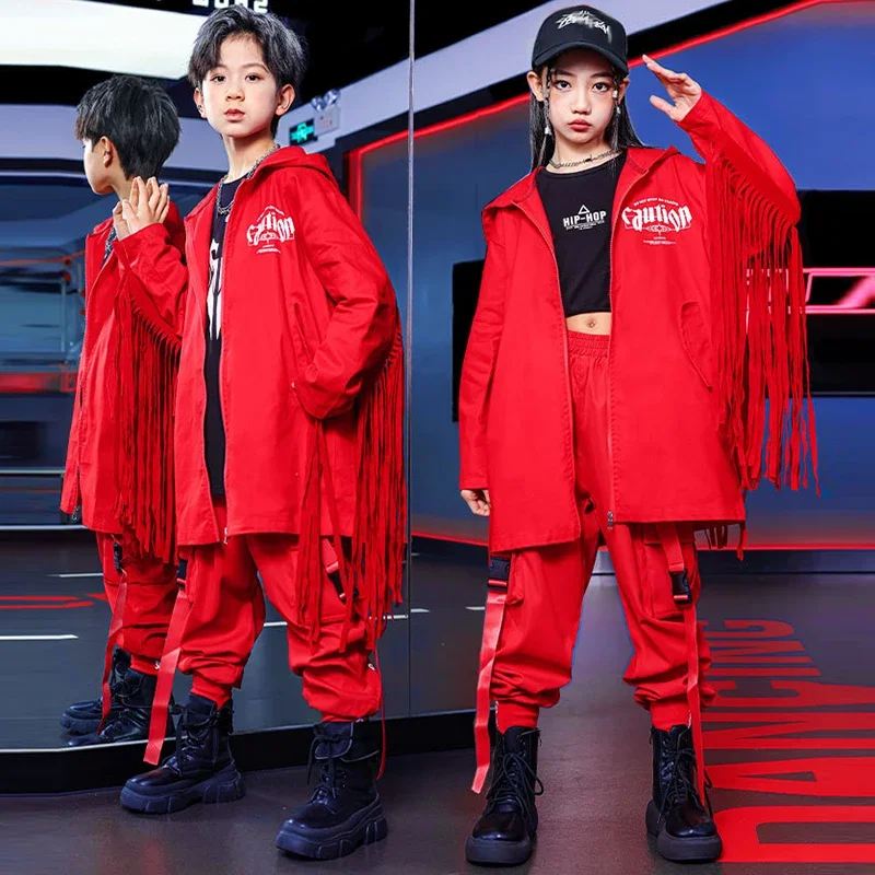 

Red Hip Hop Set Street Dance Team Performance Outfit Children Jazz Dance Stage Costume Boys Jacket With Tassel Pocket Pants