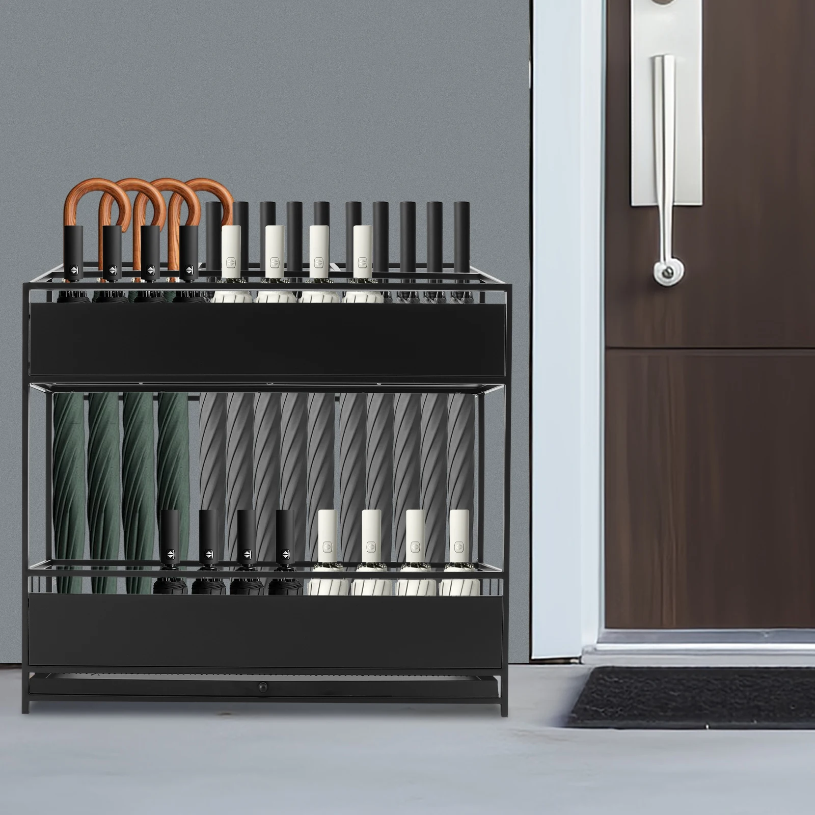 

Black Umbrella Stand Rack(26.8x12.6x27.6in)—Iron(Nano Baking Paint,Anti-Rust/Water), Holds 24-30 Long/32-46 Short Umbrellas