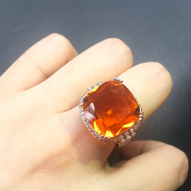 2022 NEW Exquisite Orange Big Zircon Topaz Couples Ring for Women Fashion Color Geometric Square Stone Party Jewelry Anillos
