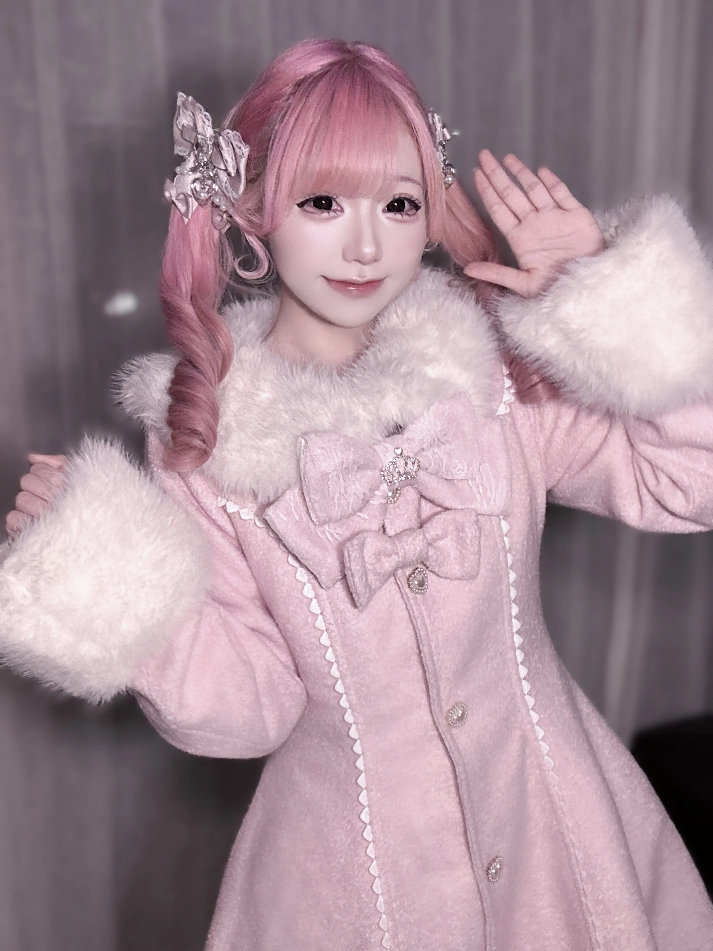 Kawaii Princess Lolita 30% Wool Coat Furry Trim Heart Button Bow Decor Thick Warm Winter Outerwear