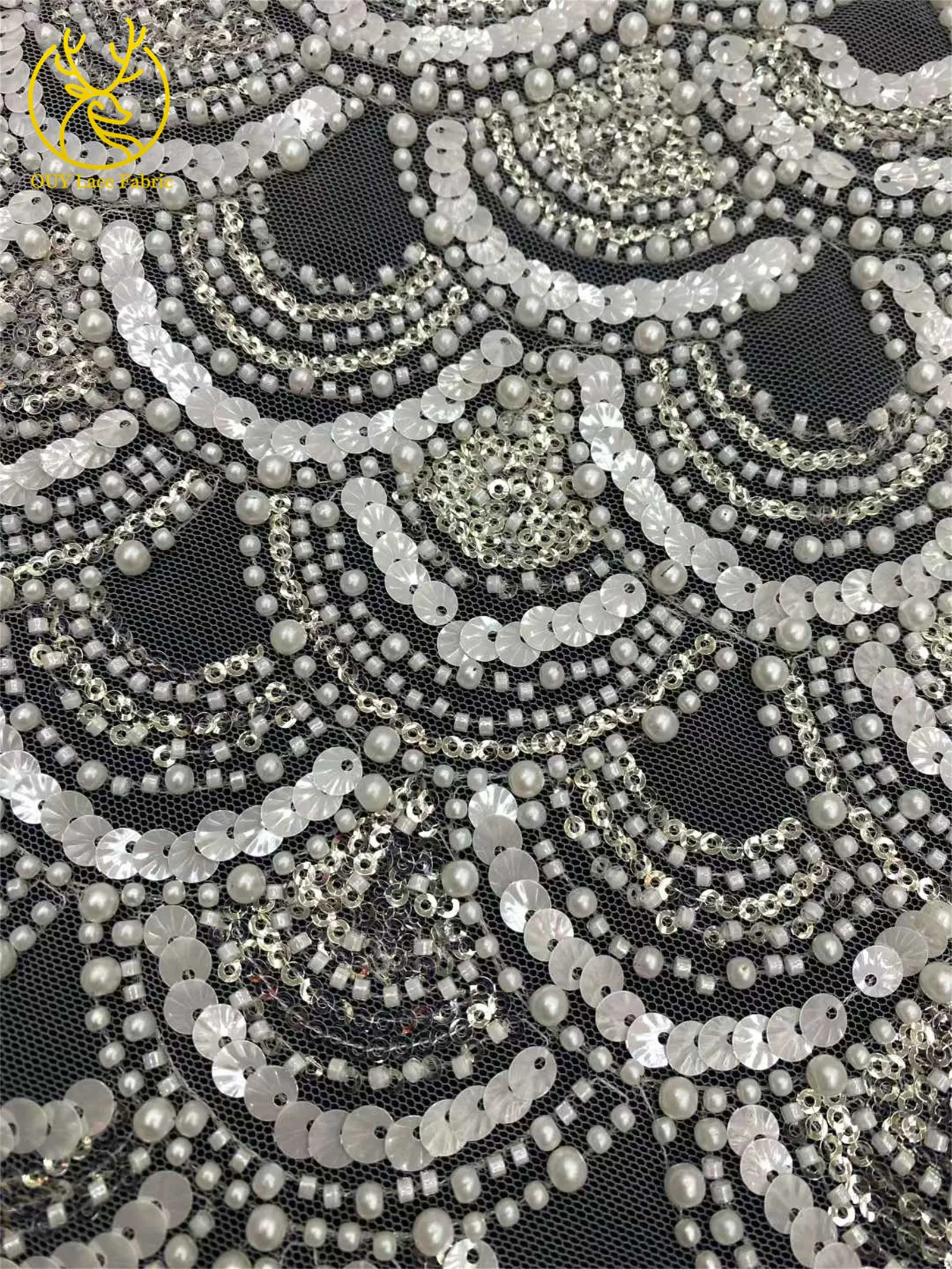 Tiefblauer afrikanischer schwerer Perlen-Spitzenstoff 2026 Hochwertiger nigerianischer Pailletten-Spitzenstoff für Hochzeit, Party, Kleid, 5 Yards – Detail 8