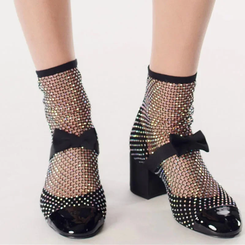 Big Size 46 Diamonds Fishnet Women Summer Short Boots Low Chunky Heels Bow Mesh Sock Ankle Booties Square Toe Sandals Shoes