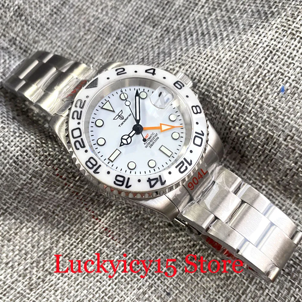 Tandorio 200m Waterproof White Dial Luminous Marks 40MM NH34A Automatic GMT Mechanical Men Watch Steel Brushed Jubilee Bracelet