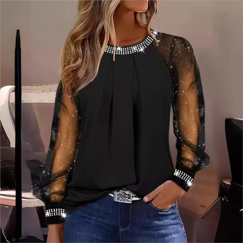 Woman Casual Rhinestone Sheer Mesh Patch Glitter Top Female Clothing New Women'S Fashion Long Sleeve Daily T-Shirt