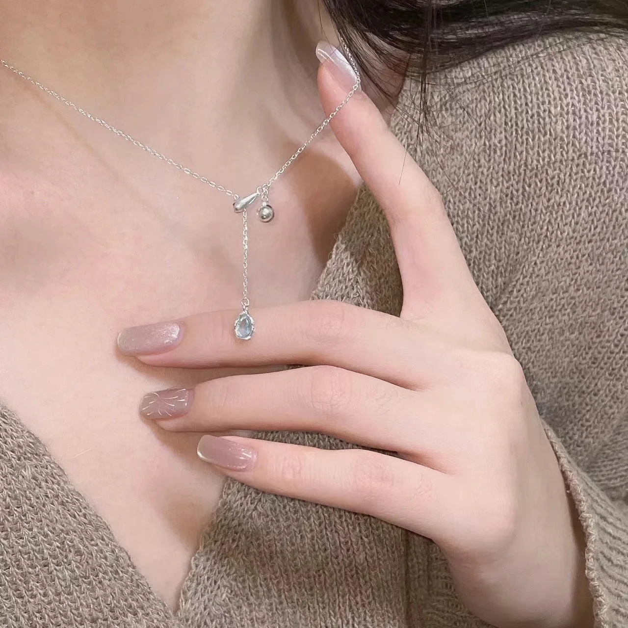 Blue Water Drop Zircon Pull Necklaces For Women Girls Gentle Simple Elegant Temperament Trendy Anniversary Jewelry Gifts