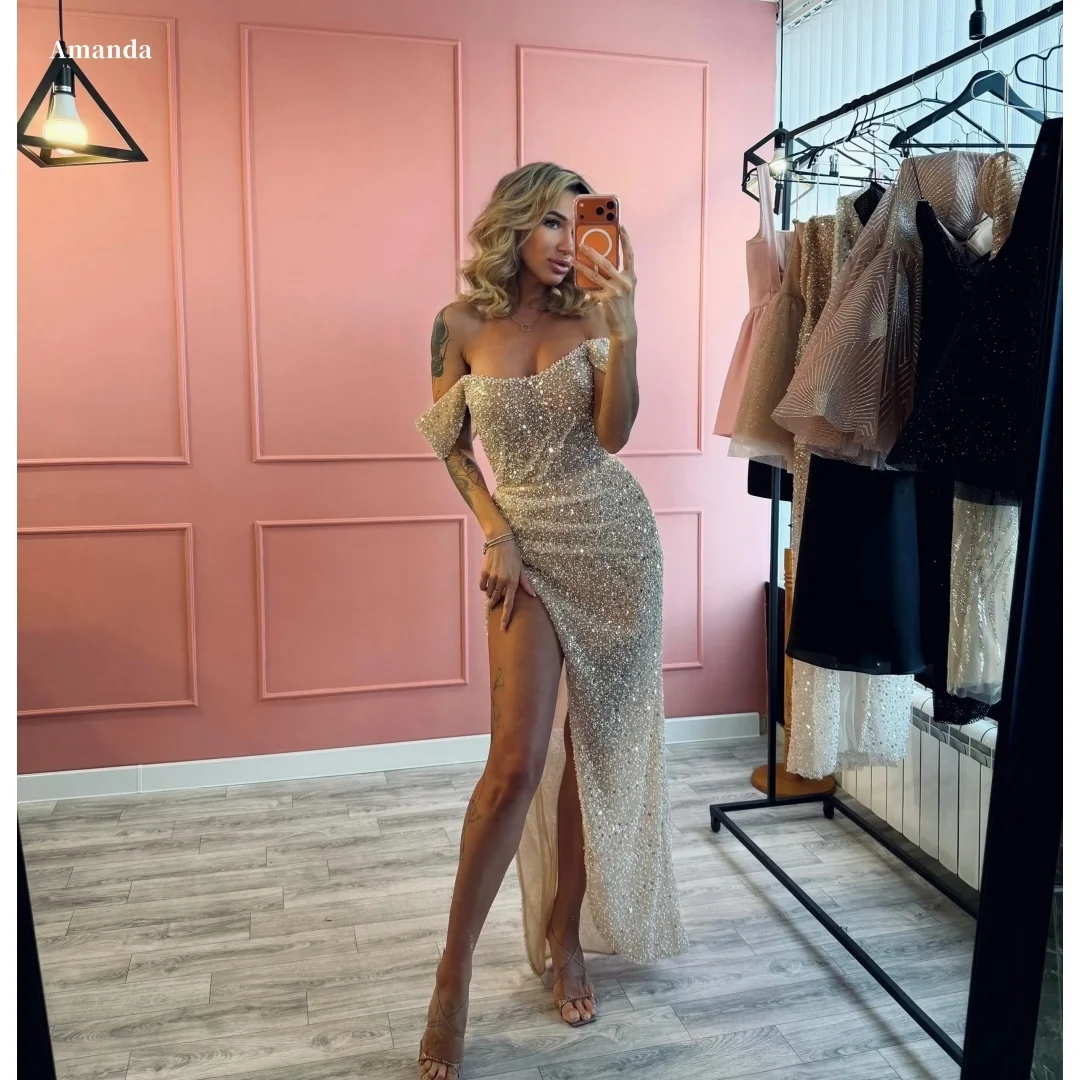 

Amanda Customized Champagne Off Shoulder Allover Sequin High Slit Mermaid Prom Dress Formal Evening vestidos de noche 2026