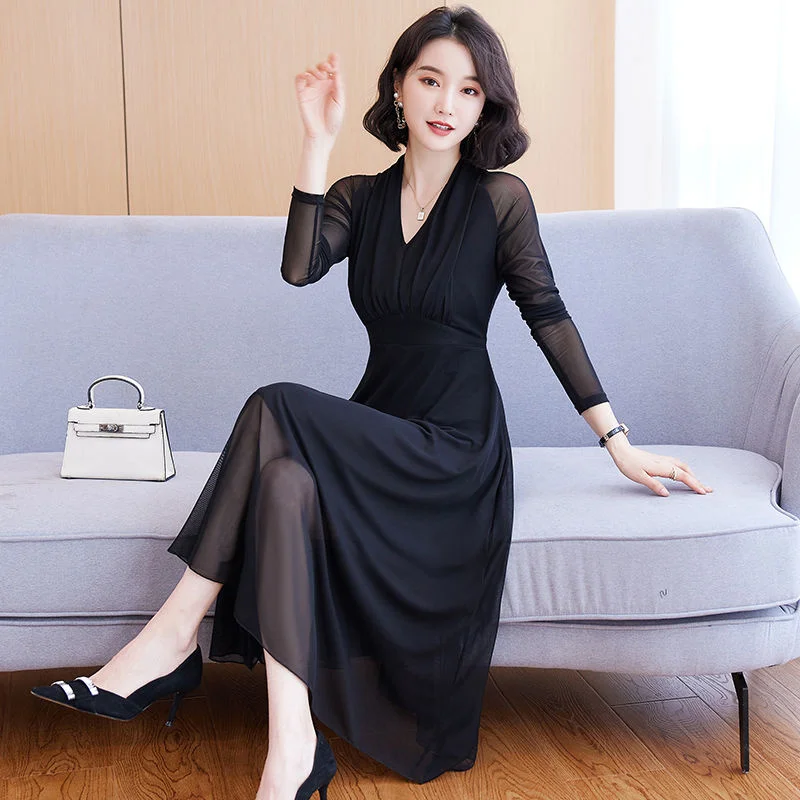 

Spring Autumn Mesh Dress Women's Long Sleeve 2022 New Fashion V-Neck Long Section Waist Thin Temperament Western Skirt