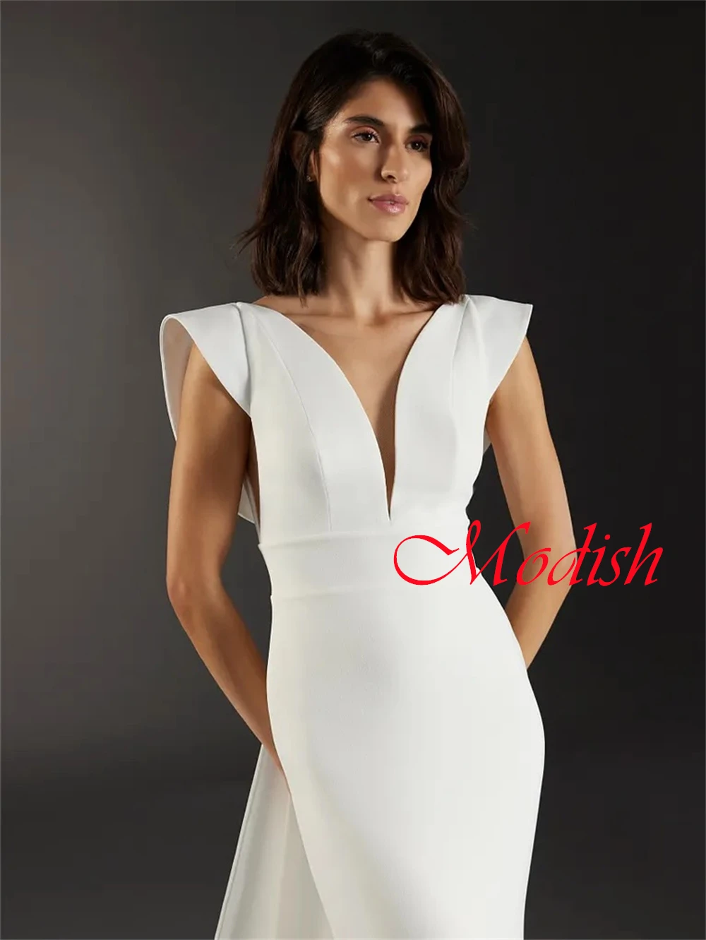 

Customized High Quality White Organza Wedding Dress Temperament V-neck Cap Sleeve Sleeveless Chapel Train Mermaid Bridal Gowns