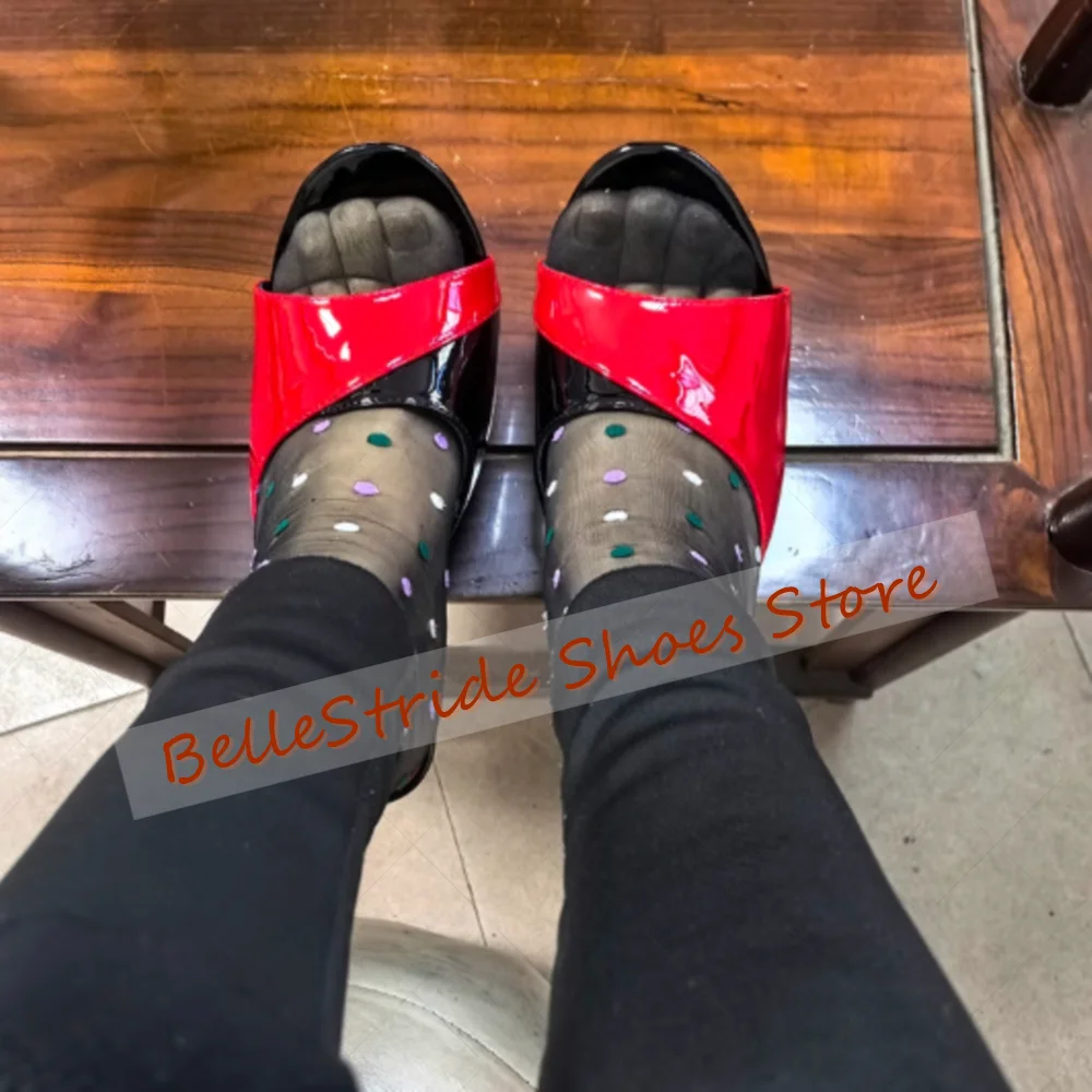 Preto vermelho cruz cinta dedo do pé redondo chinelos de couro patente sapatos femininos finos salto alto festa banquete namoro 2025 zapatos para mujer