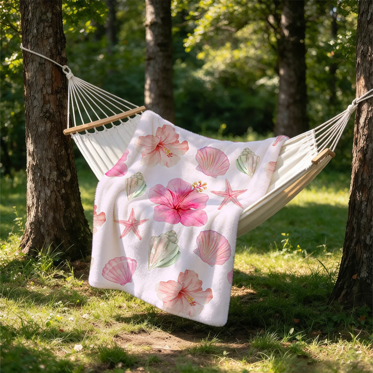 Pink Hibiscus Shells Flannel Blanket Warm Soft Halloween Christmas Couch Warm Cozy Decorative Decor Gift for All Season