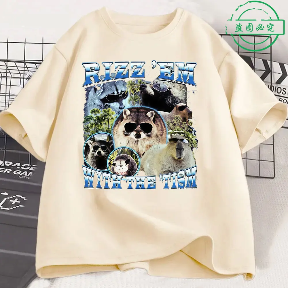 Rizz Em مع The Tism مضحك كابيبارا الراكون تي شيرت الرجال النساء الملابس عادية القطن موضة المتضخم تي شيرتات قصيرة الاكمام