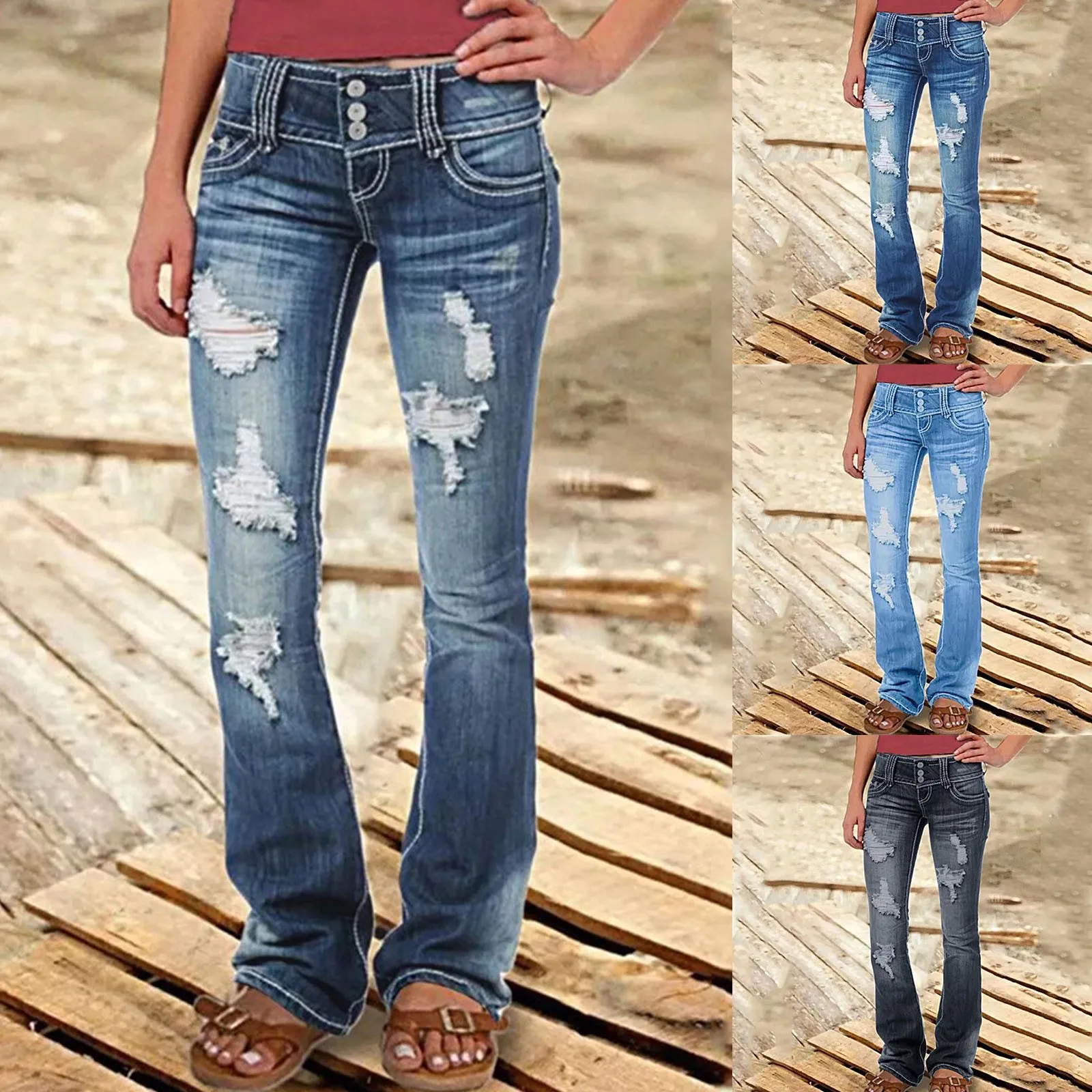 

2024 New Mid Waist Flared Jeans Women Button Casual Straight Leg Pants Autumn Pocket Hole Female Office Slim Fit Trousers