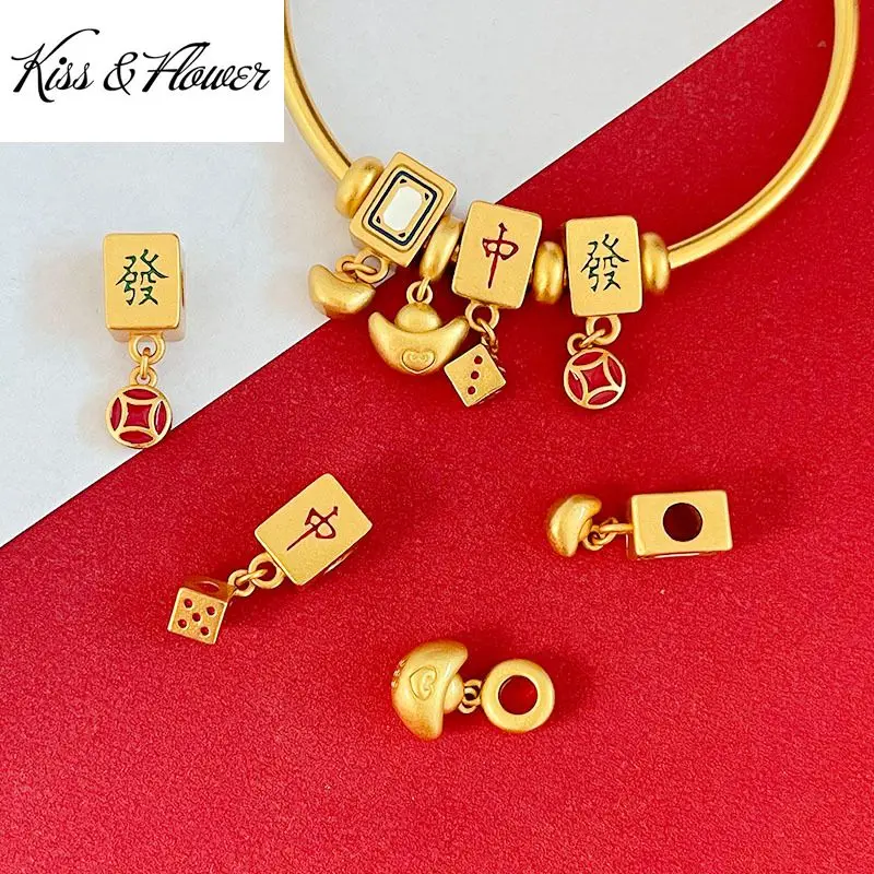 KISS&FLOWER Gold Mahjony Coin ZHONG FA CAI DIY Beads Charm For Bracelet Bangle Woman Girlfriend Party Birthday Wedding Gift AC09