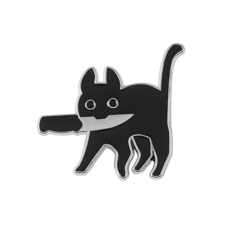 Cartoon Creative Black Cat Holding A Knife Style Brooch Versatile Dripping Oil Metal Badge Clothing Bag Accessories Brooch image 3