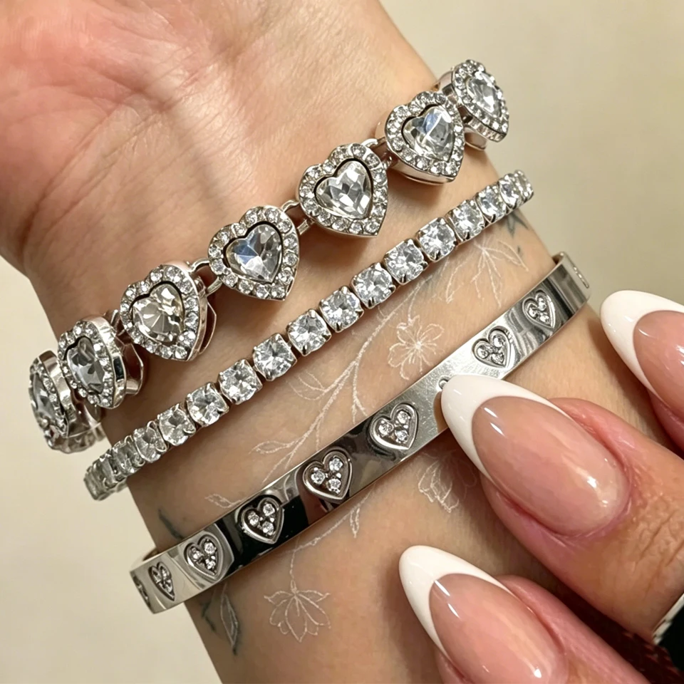 Yupsk 1/3pcs Sliver Color Sparkling Zircon Rhinestone Heart Tennis Bracelets Stainless Steel Bangles Fashion Jewelry