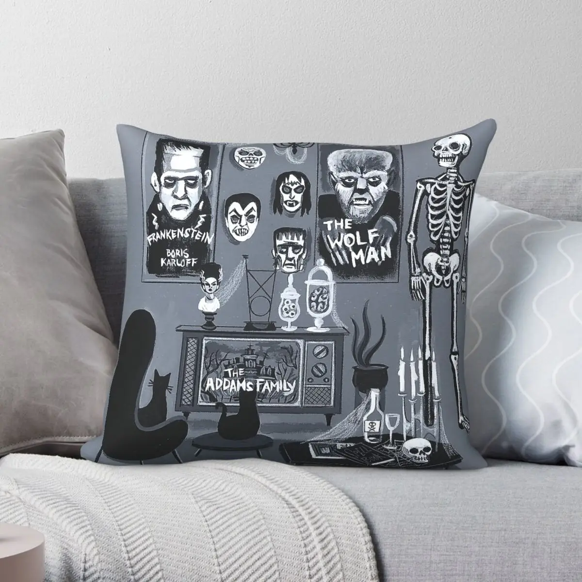Monster Gothic Skeleton Pillowcase Polyester Linen Velvet Printed Zip Decorative Home Cushion Cover 45x45