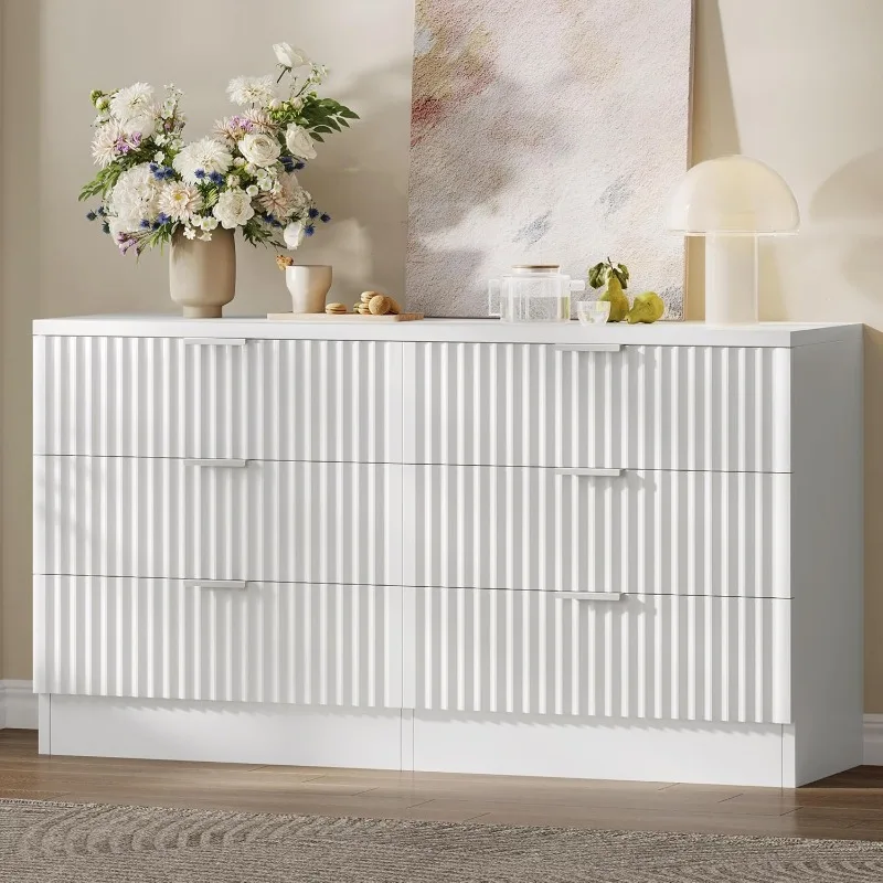 6-Drawer Dressers, High Gloss White Chest of Drawers with Fluted Panel, Wide Versatile Storage Dresser Organizer.