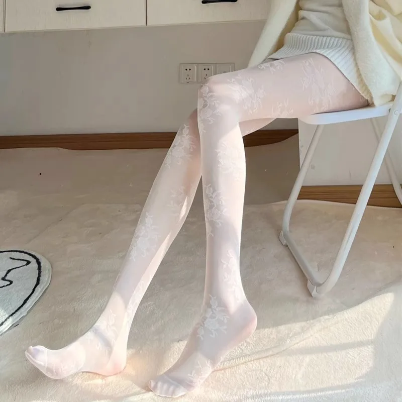 

Женские пикантные Модные Плотные кружевные колготки в стиле "Лолита" с узором в виде роз, сексуальные прозрачные чулки, японские черные белые чулки в сеточку