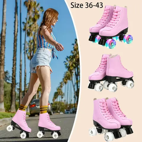 Pink Roller Skate Shoes PU Leather Roller Skates Skating Shoes Sliding Inline Quad Skates Sneakers 4 Wheels Flash Wheel Sneakers