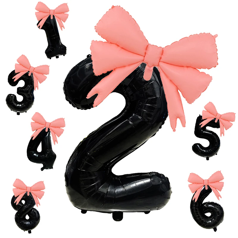 32inch Black Number Foil Balloon with Pink Bownot Ballons for Baby Shower Birthday Party Wedding Anniversary Decor Balloons