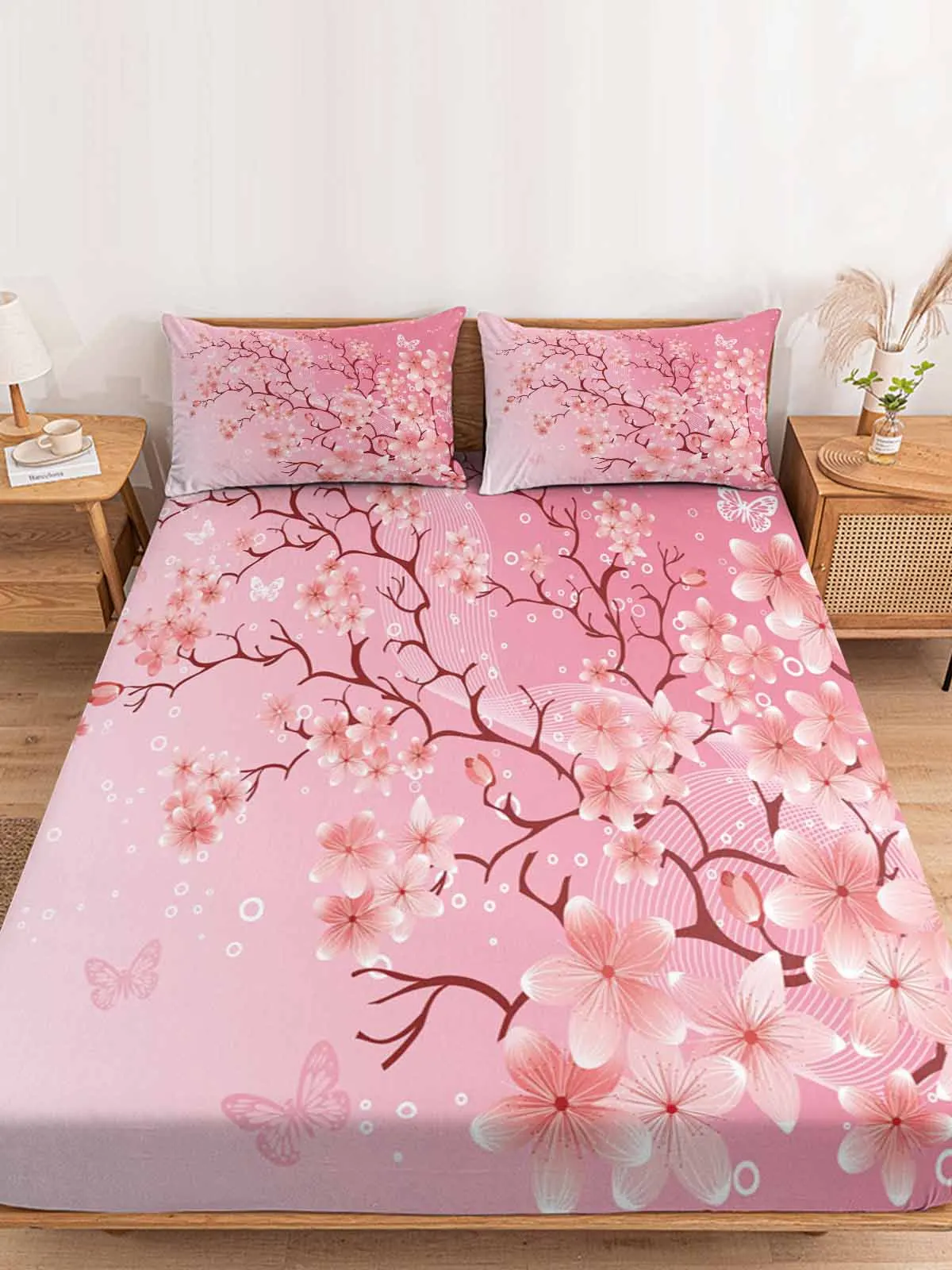 Cherry Blossom Butterfly Pink Fitted Bed Sheet Cover Elastic Band Anti-slip Mattress Protector for Single Double King