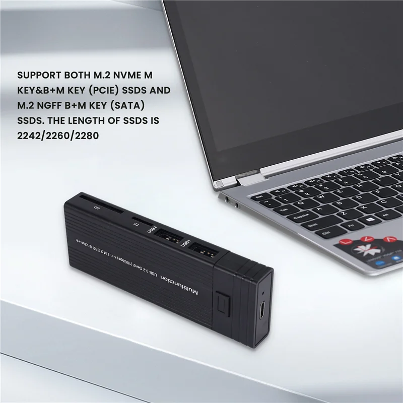 Compact 2 In 1 Type C To M.2 NGFF NVME To USB3.0 3.2 10G SSD Enclosure Solid State Drive Box+HUB