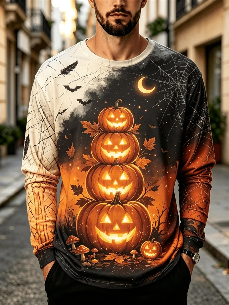 Men's Halloween Pumpkin Lantern Long Sleeve T-Shirt Bat Moon Spider Web Maple Leaf Mushroom Graphic Tee Pullover Tops Gift