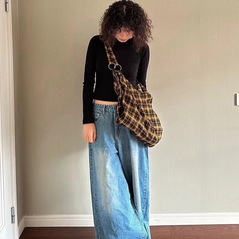 Koreanische karierte Canvas-Umhängetasche, Vintage-Mode-Rucksack, Damen-Tasche mit großem Fassungsvermögen, leichte, lässige Tragetasche für den Arbeitsweg – Detail 12