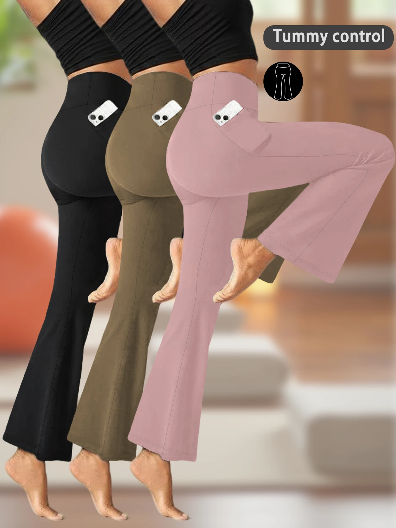 

3 Pack Women's Super Soft Flare with Pockets High Waisted Tummy Control Workout Yoga Push Up Gym Fitness Leggings Bell Bottoms