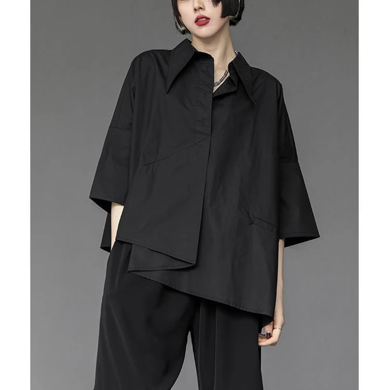 

Женский винтажный топ Harajuku Y2K, летняя модная однотонная черная рубашка нестандартной формы, женская уличная одежда с рукавами 3/4, пуловер, блузка