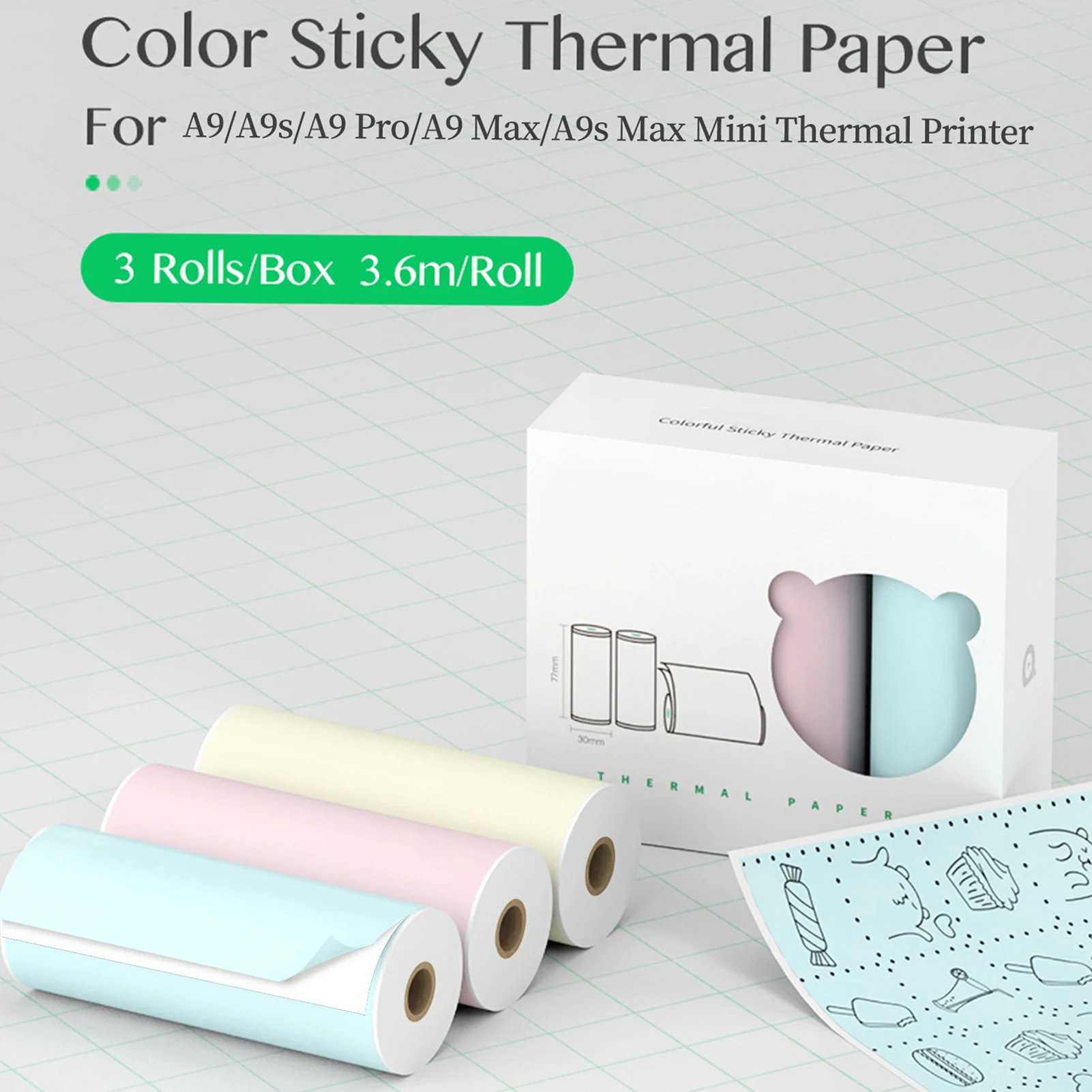 3PCS/box 77 x 30mm Self-Adhesive Thermal Paper Sticker BPA-Free Waterproof Oil-proof for PeriPage A9/A9s/A9 Pro/A9 /A9s